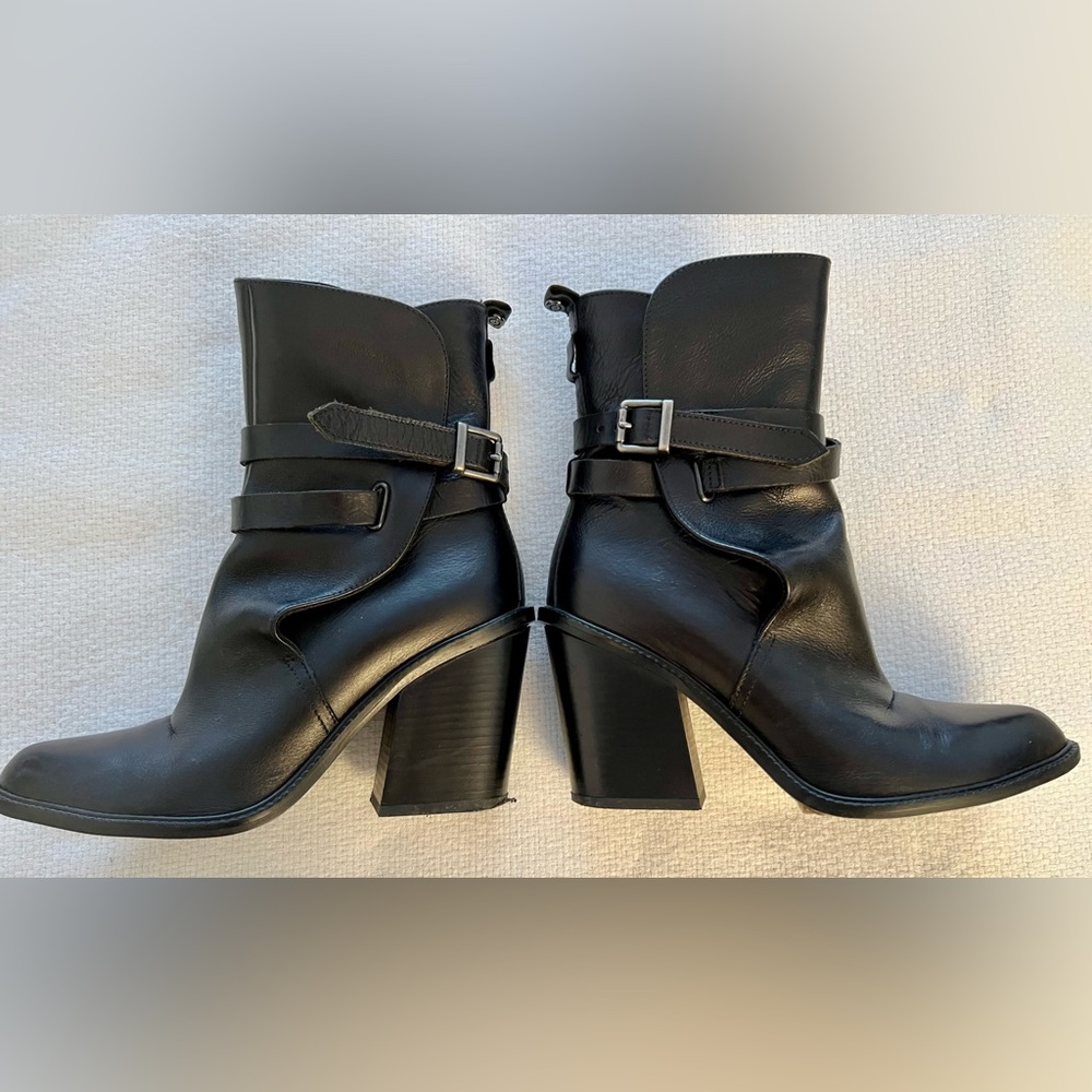 Diesel black leather boots w wrap buckle. 4” stacked heel. Italy size 39